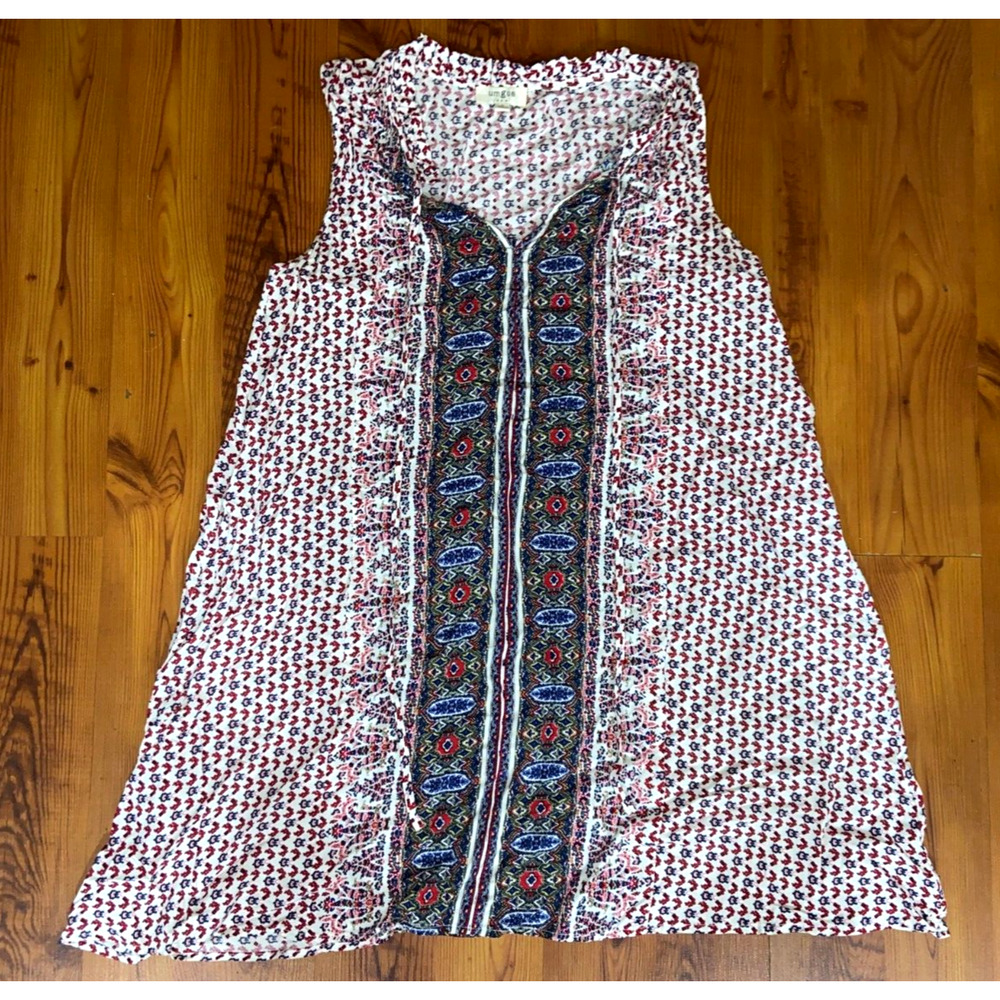 UMGEE Paisley Floral Boho Hippie Sleeveless Ruffle Tie Neck Shift Dress Sz S